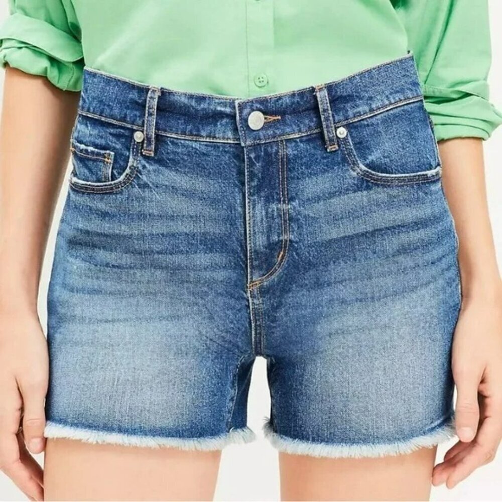 LOFT The Cut Off Denim Short Blue High Rise Cotton Stretchy Zip Fly Sz 27/4 NWT